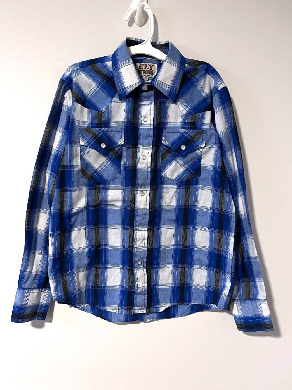 Ely Cattleman Boys Western Shirt with Pearl Snaps Cowboy Blue Plaid